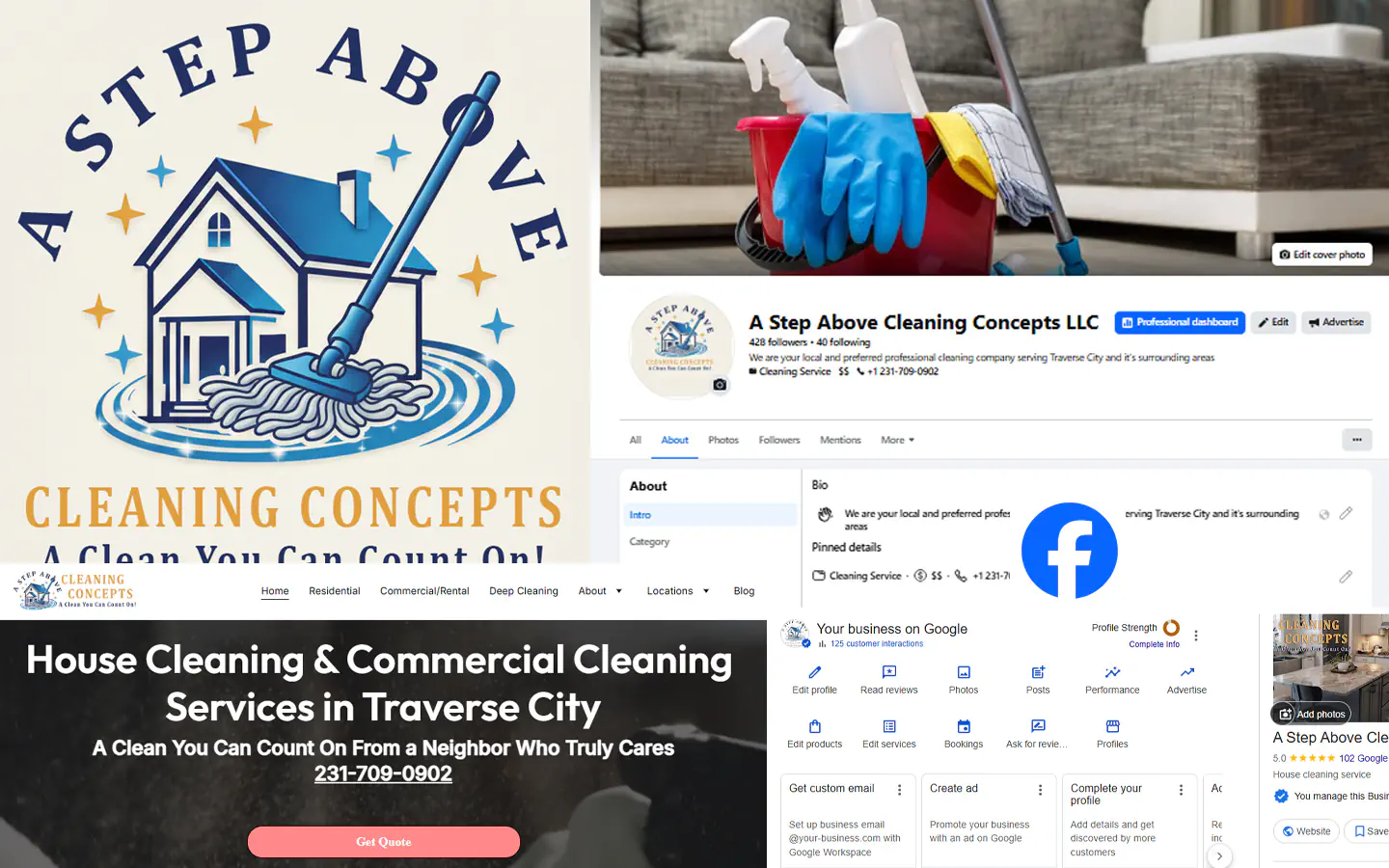 Branding system preview placeholder showing logo, colors, typography, and social media layouts