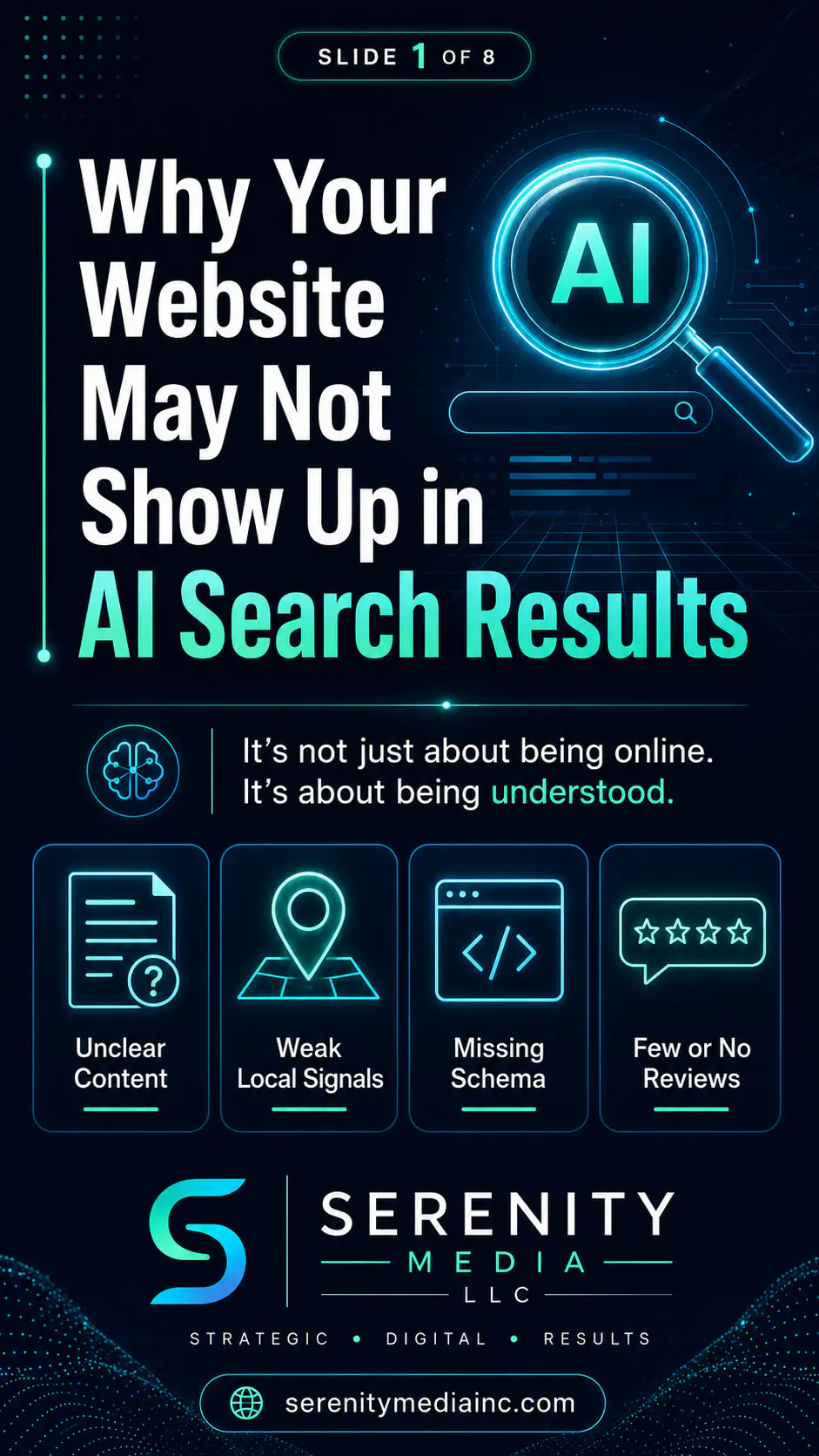 Why your website may not show up in AI search results — Serenity Media SEO and AEO marketing blog graphic
