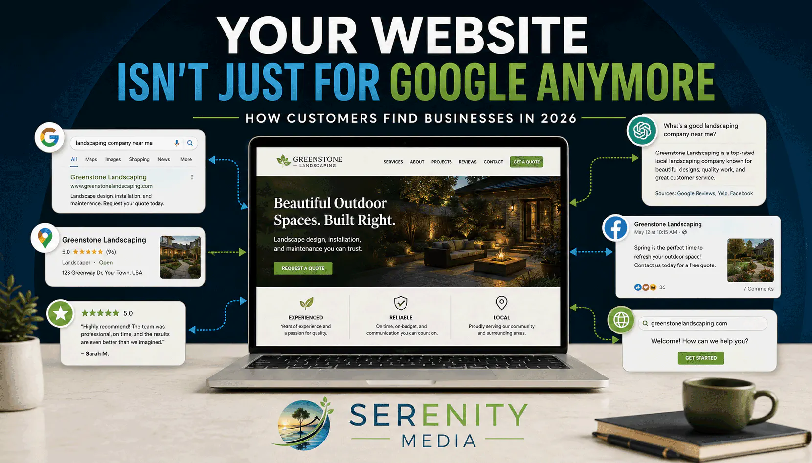 Website at the center of multiple online discovery paths including search, maps, AI answers, social media and reviews